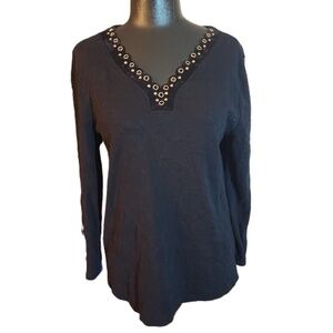Rafaella Black V Neck Eyelet Long Sleeve Blouse Large